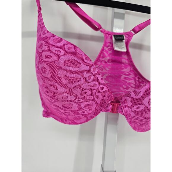 Vintage Y2K Rampage Intimates Sz 34D Front Clasp T Shirt Bra Pink Leopard Lace - Picture 2 of 5